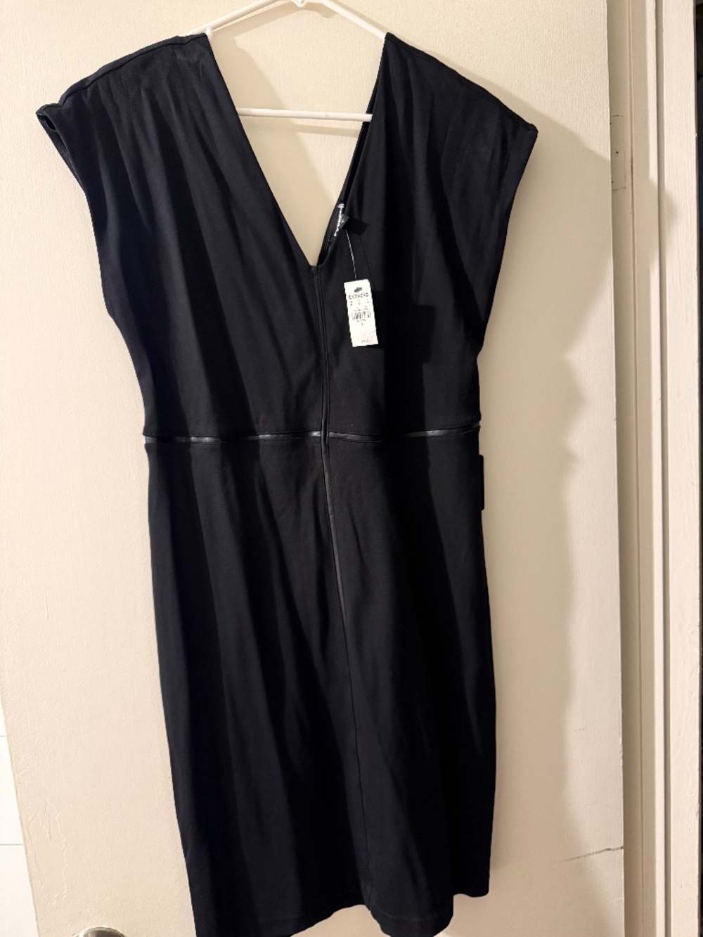 NWT Express Black V-Neck Midi Dress Faux Leather Waist Detail